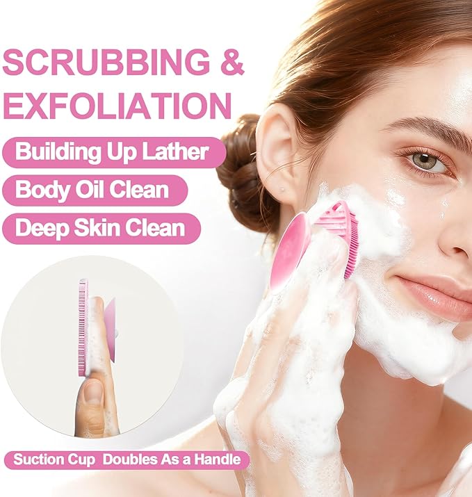 2 Pack Face Scrubbers, Silicone Body Scrubber Soft Bristles, Gentle Lather, Exfoliating & Deep Cleaning for Sensitive Skin, Giant Suction Cup Stick Securely (Body+ Face Scrubber Pink)