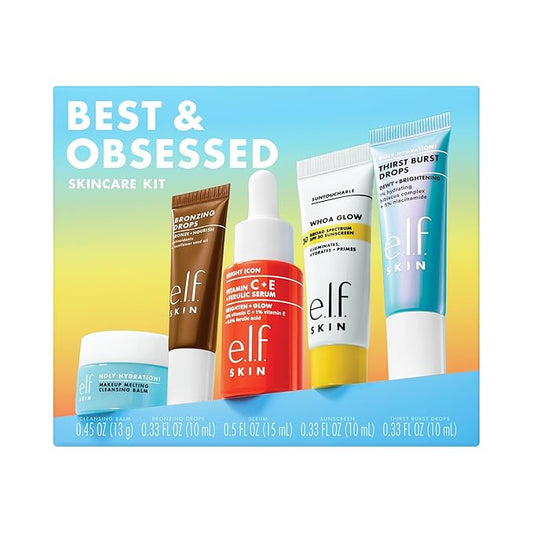 e.l.f. SKIN Best & Obsessed Skincare Kit, Travel-Size Makeup Remover, Sunscreen & Brightening Serums For Glowy Skin, Vegan & Cruelty-Free