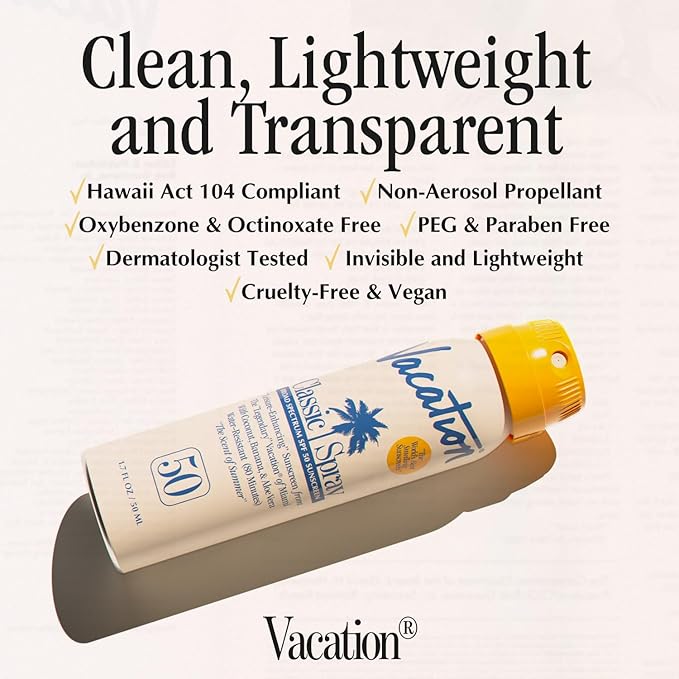 Vacation Mini Classic Sunscreen Spray SPF 50, Water-Resistant, Mini Sunscreen Bulk Party Favor, Sunblock Travel Size, TSA Suntan for Carry On, 1.7 Fl. Oz. (Value Pack of 6)