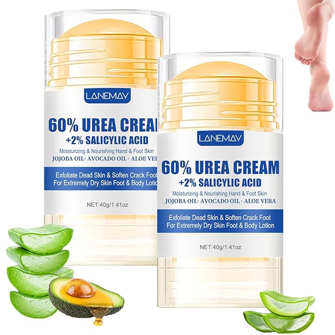 2Pcs 60% Urea Foot Cream Set, Hydrating Cracked Heel Stick Balm, Formulated with Pure Aloe Vera, Salicylic Acid, Avocado Oil, Repair Balm for Cracked Hands, Elbows, Knees, Feet & Heels
