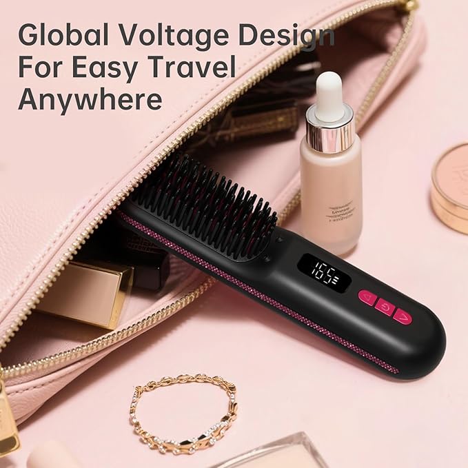 Hair Straightener Brush, Portable Cordless Mini Straightening Brush for Travel, Negative Ion Hot Comb Hair Straightener with 9 Temps for Women, Anti-Scald Ceramic, Fast Charge
