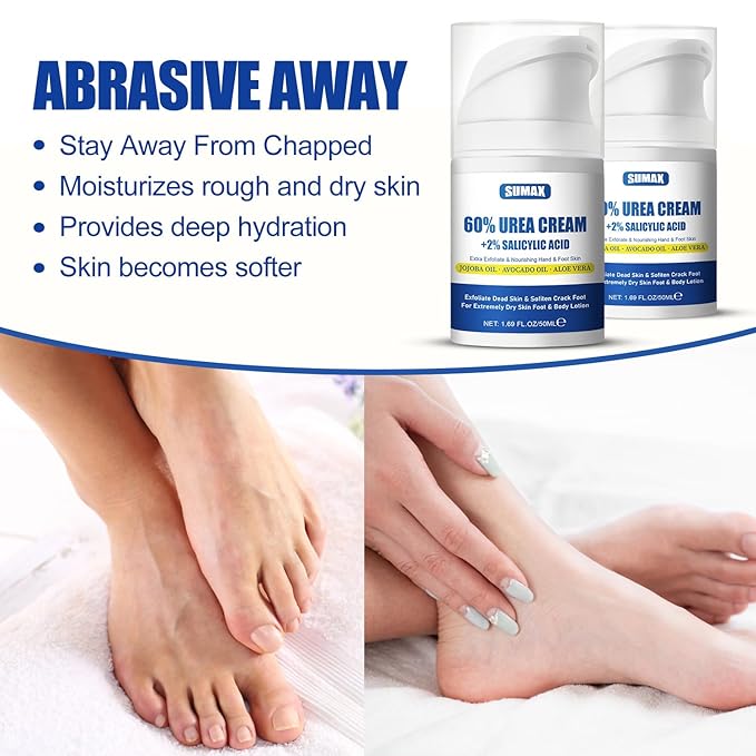 Urea Cream 60% Plus Salicylic Acid 2% - Foot Dry and Cracked Foot Cream, Gentle Exfoliating Moisturizing and Hydrating, Suitable for Feet, Hands and Knees
