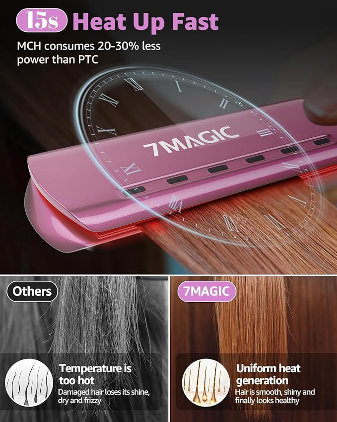 7MAGIC Nano Titanium Hair Straightener, 1.7" Wide Flat Iron for All Hair Types, Flat Iron Hair Straightener with 5 Temp, Hair Iron with Dual Voltage, Straightening Iron for Fast Straightening, Purple