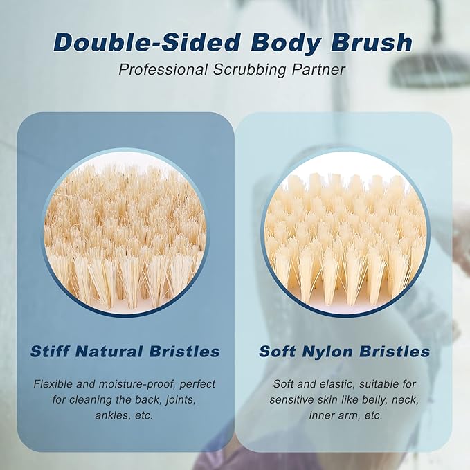 Long Handle Ergonomically Back Scrubber/Brush for Shower, Double Sided Exfoliating Body Scrubber for Women and Men (Blue)