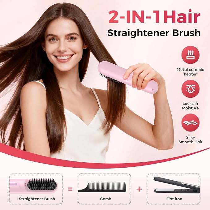 Go Brush Pro 2025 Hair Straightener Brush 300 Million Negative Ionic Portable Hair Straightener Comb for Women with 4 Temps Fast Heating MCH Ceramic Coating Smooth Frizz Hair Light Pink