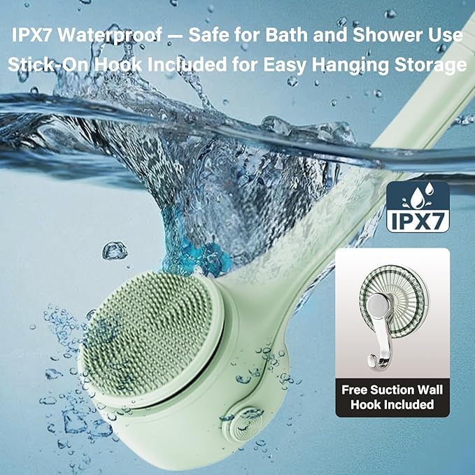 Electric Body Brush Back Scrubber for Shower, 8 Replaceable Heads and Hook, Long Handle, 2-Speed, Type-C Rechargeable, Waterproof, for Cleansing, Exfoliating and Massaging Skin（Green）