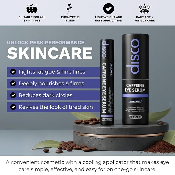 Disco Eye Serum, 12% Caffeine 8% Hyaluronic Acid, Niacinamide Peptides, Puffy Bags Fine Lines Dark Circles Wrinkles, Eucalyptus - Moisturizing Vitamin C 360° Roller Massage Ball Anti-Aging Cream 0.5oz