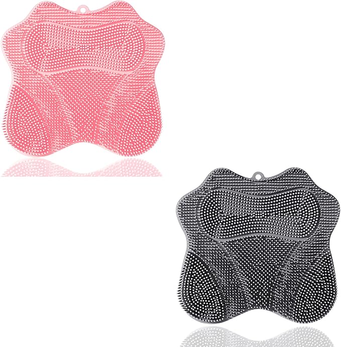 Shower Foot Scrubber, Shower Foot and Back Scrubber with Suction Cups, Shower Silicone Foot Washer for Exfoliating Massage（Grey&Pink）