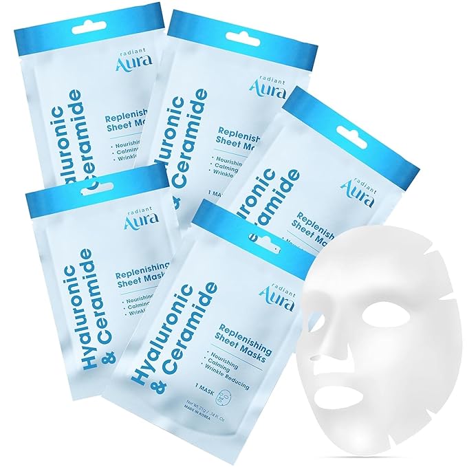 Hyaluronic and Ceramide Sheet Mask - Korean Face Mask for Hydrated and Soft - Looking Skin - Collagen Facial Mask for Calming & Smoothing – Pack of 15
