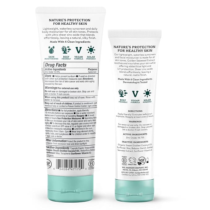 Badger Mineral Daily and Face Sunscreen Combo, SPF 30 Lightweight Organic Mineral Sunscreens with Zinc Oxide, Hydrating Everyday Sunscreen Lotions for Face & Body, Vegan & Unscented, 2-Pack