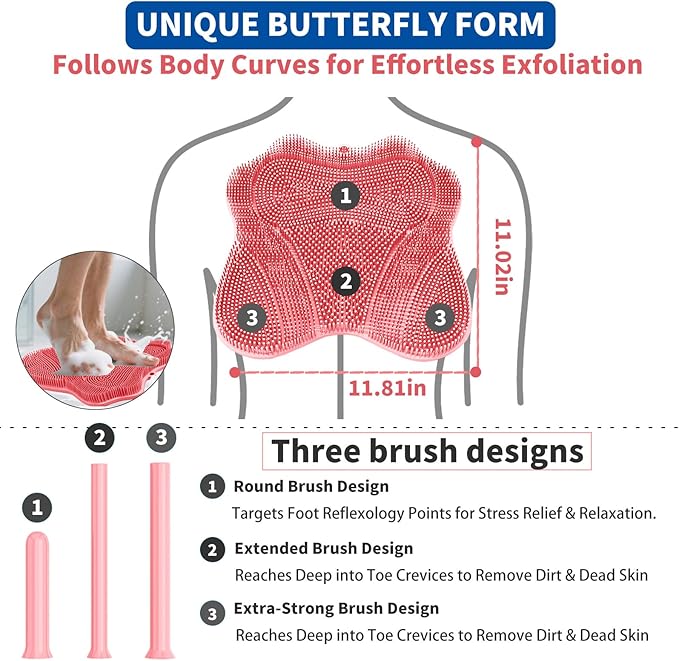 Show Foot Scrubber Mat & Silicone Back Scrubber with Butterfly Form Design,3 Brush Designs for Deep Cleaning Shower Foot Scrubber Mat, Wall Mounted Back Scrubber Silicone Bath(Pink)