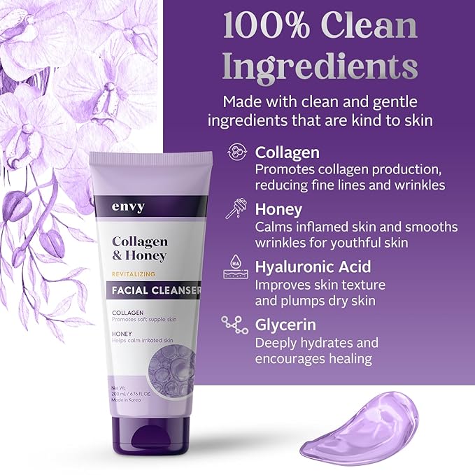 Envy Facial Cleanser with Collagen & Honey - Reduces Fine Lines, Wrinkles & Hydrating - Clean, Cruelty-Free Korean Skin Care for All Skin Types - Dermatologist Tested - 6.76 oz