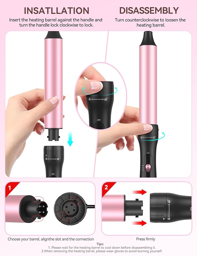 LANDOT Hair Curling Wand Iron 1-1/4Inch: Clip Free Hair Curler - Professional Detachable Curling Wand for Relaxed Curls & Beach Waves - Includes Heat Resistant Silicone Mat & Glove