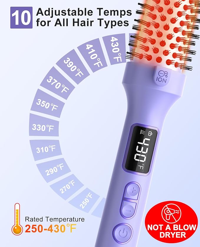 Nimmu Thermal Brush for Blowout Look, 1.5 inch Heated Round Brush, Curling Iron with 10 Temperature Control, Hot Styler Dual Voltage for Travel, Purple