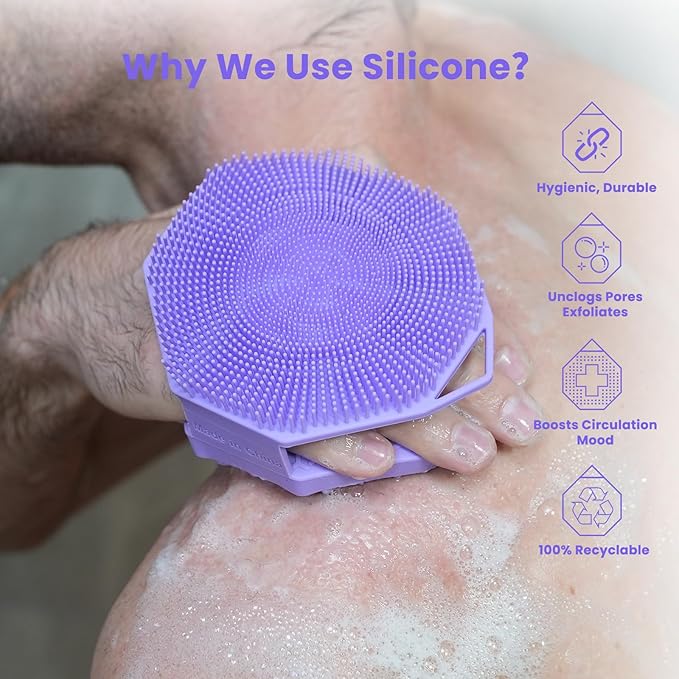 iTokGoK® Premium Silver-Infused Dual-Sided Design 2-in-1 Silicone Body Scrubber for Shower,Body Brush Buffer Scrubber for Men and Women for All Skin, Ergonomic No-Slip Handle, Easy to Clean - (Purple)