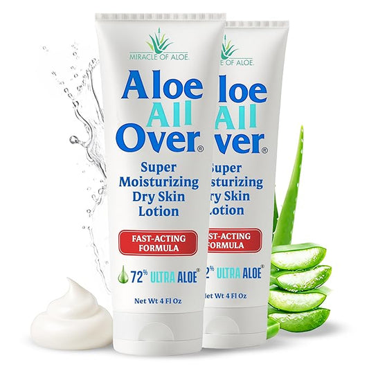 Miracle of Aloe’s Aloe All Over Super Moisturizing Dry Skin Lotion (2-Pack, 4 oz) - Made with 72% UltraAloe Aloe Vera Gel. Safe for Everyone: Men, Women, Kids. Ends Flaking and Restores Dry Skin Fast