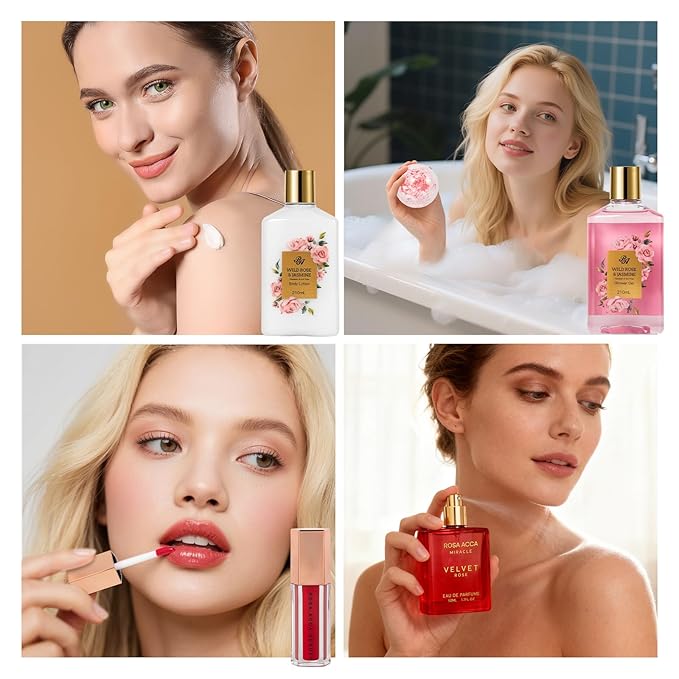35 Pcs Christmas Gift for Women, Red Rose Bath and Body Basket Gift, Face Skin Care Kit, Home Spa Self Care, Lip Gloss, Diffuser, Necklace, Birthday, Valentines, Mother Day, Bridal Shower, Anniversary