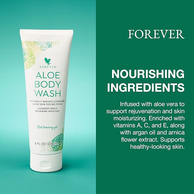 Forever Diving - Forever Aloe Body Wash - Sulfate-Free Cleanser with Aloe Vera, Argan Oil & Vitamins A, C, E - Inviting WoOzods & Amber Scent - 8 Fl