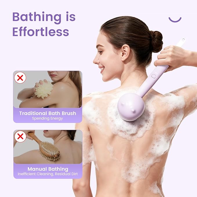 Electric Back Scrubber for Shower Body Brush, Waterproof Shower Body Scrubber for Cleansing, Massaging, Rechargeable Bath Brush for Kids & Adults with 2 Heads & 3 Speed Modes, Taro Purple XY0