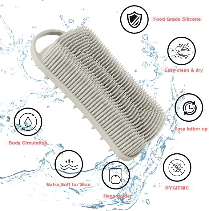 Silicone Body Scrubber, Gentle Exfoliating Scrub Brush with 22mm Soft Bristles, Deep Cleansing & Scalp Massage, Non-Slip Ergonomic Design, Fast Drying, Travel-Friendly for Shower Bath