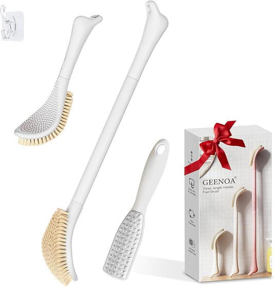 New Foot Brush & Foot File Set(2PCS), 3-in-1 Foot Scrubber in Shower, 10.2’’-27.5’’Adjustable Long Handle Foot Scrub Brush and Upgrade Foot File Callus Remover, Gift-Box Packed(White Set)