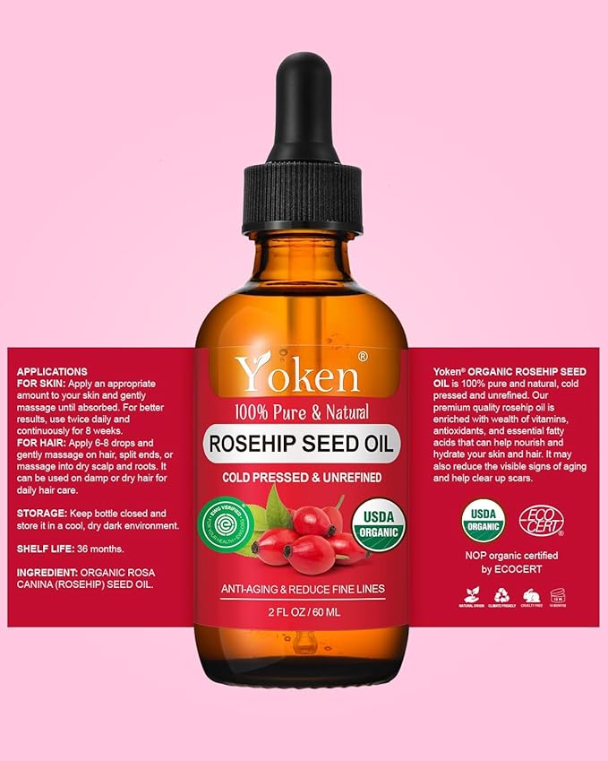 Organic Rosehip Seed Oil for Face,100 USDA Pure Rosehip Oils for Skin,Scars,Hair & Nails.2 fl Oz Cold Pressed Rose HIPS Oils for Skin Care, Anti-Aging, Scar Treatment, GUA SHA Massage Carrier Oil
