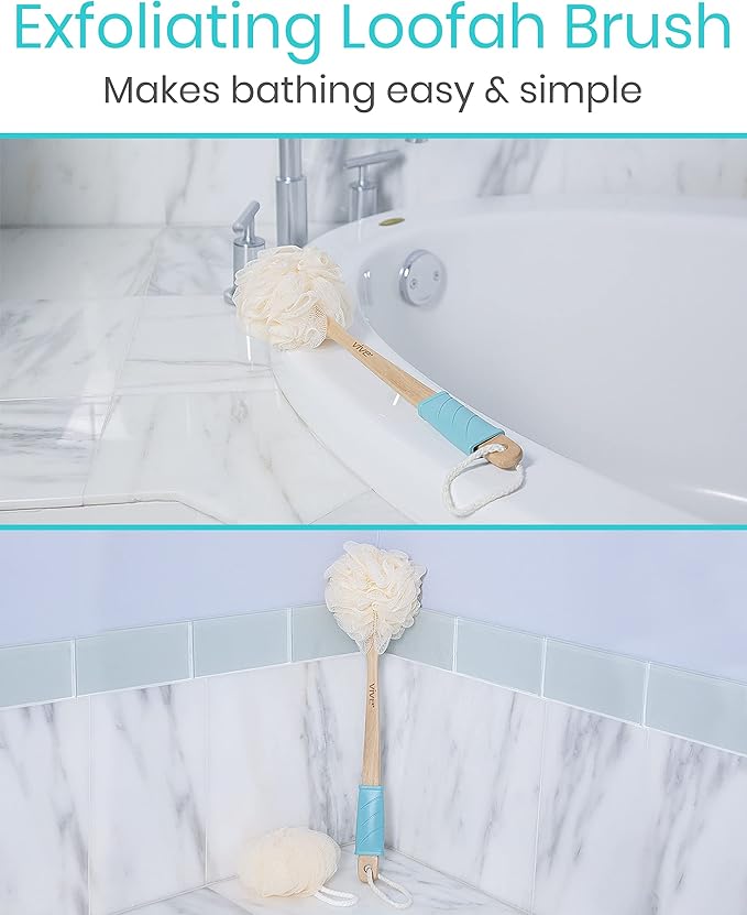 Vive 17” Shower Loofah with Long Handle - Exfoliating Back & Body Scrubber for Men & Women - Luffa Sponge on a Stick for Bathing, Cleaning - Includes Extra Handheld Lufa, Hook & String to Hang on Wall