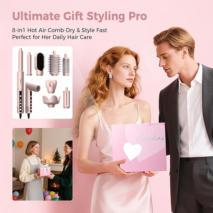 8-in-1 Hair Dryer Brush & Hot Air Styler, 110,000 RPM Blow Dryer Brush Foldable LCD Display, 4 Heat Settings Auto Curler Fast Drying Curling Straightening for Salon & Travel (Pink)