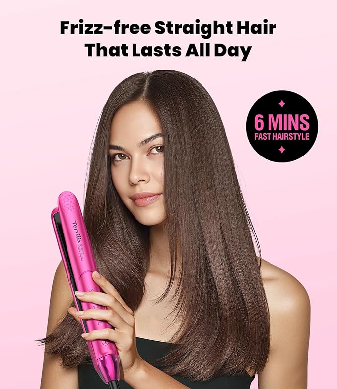 Terviiix Plancha De Cabello Profesional, 1 Inch Ceramic Flat Iron, Non-Snagging Plates, 3X Less Damage, 15s Fast Heating | Hair Straightener and Curler 2 in 1, 5 Adjustable Heat Settings, Hot Pink