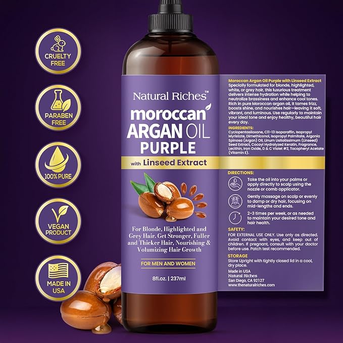 Natural Riches Purple Moroccan Argan Oil Hair Treatment with Linseed Extract, Anti-Brass Formula for Blonde, Silver, Platinum & Grey Hair Neutralize Yellow Tone, Smooths Frizz & Restore Shine 8 fl oz