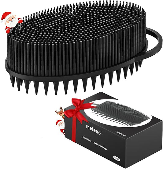 Metene Silicone Exfoliating Body Scrubber with Loop, Body Scrubber for Men and Women, Double-Sided, Soft for Shower and Bath Skincare Routine(Dark Black
