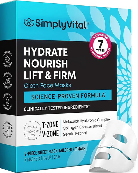 SimplyVital Collagen Facial Mask with Retinol & Hyaluronic Acid - Hydrating Face Masks Skincare - T Line & V Line Sheet Mask for Women Skin Care - Mascarillas Para la Cara - Cloth Face Masks - 7 Pack