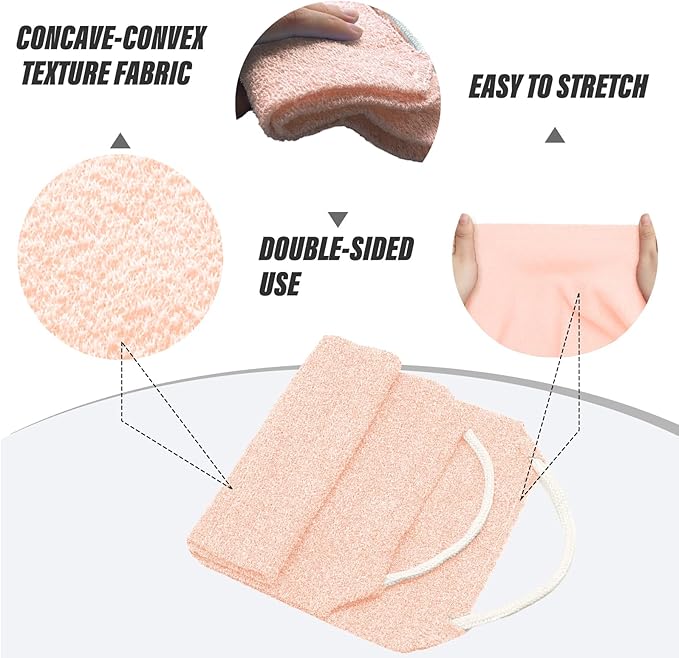 Inmorven Exfoliating Back Scrubber with Handles, Nylon Back Exfoliator, Two Sides Stretchable Pull Strap Shower Deep Cleans Skin Massages Invigorating Blood Circulation for Women Men Body (Pink)
