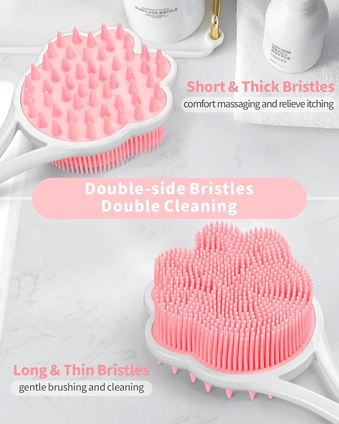 Manmihealth 15.7" Cute Silicone Back Scrubber & Soft Shower Brush Face Scrubber Set (3 PCS), Paw-Shaped Silicone Back Brush & Body Facial Scrubber with Super-Soft Bristles Combination(PinkSet)