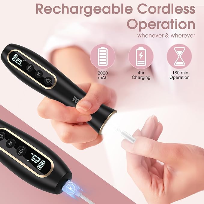 Electric Nail Drill, Professional Manicure Pedicure Kit, Cordless Electric Nail File Set, Rechargeable Pedicure Tools for feet, 10 Speeds Hand Foot Care Nail Drill for -360° LED Light Black