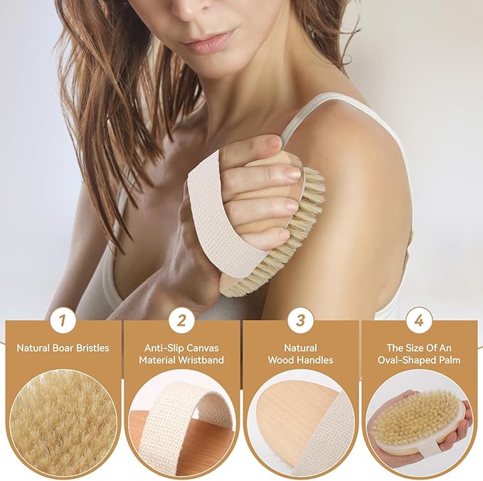 3-Pack Dry Body Brush with Massage Brush Exfoliating Dry Brushing Body Brush for Lymphatic Drainage, Natural Boar Bristle Dry Brush for Body Cellulite Improving Blood Circulation