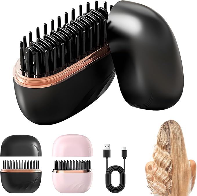 Mini Straightener,Rechargeable Portable Hair Straightener Brush,Fast Heating Hot Comb,Anti Scald Shell,3-Speed Temperature Control,Lightweight Mini Hair Straightener Brush for Home Travel Gift (Black)