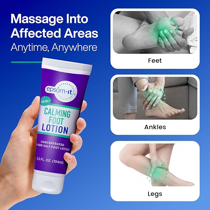 Epsom-It Calming Foot Lotion - Topical Magnesium Cream for Tired Feet & Ankles, Epsom Salt Magnesium Sulfate Rub with Urea, Soften Tough Skin & Cracked Heels, Stiffness in Legs, Knees and Feet, 3.5oz
