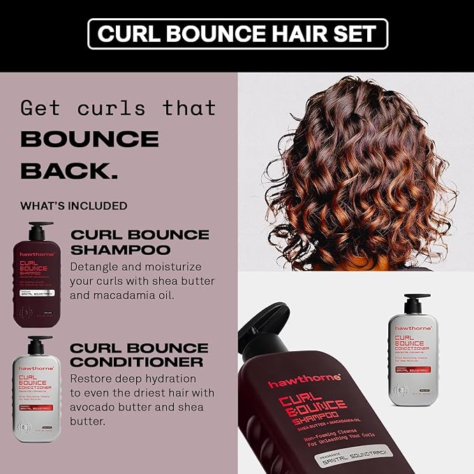 Hawthorne Curl Bounce Men's Curly Hair Shampoo and Conditioner Set. Sulfate Free Shampoo and Conditioner with Shea Butter and Macadamia Oil For Healthy, Hydrated Hair. Sandalwood Scent. 16 oz. each.