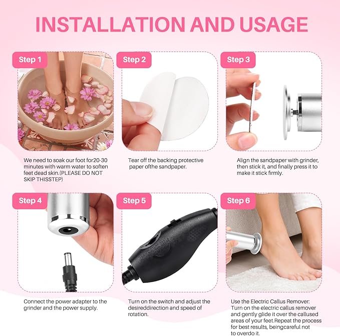 Foot File Callus Remover for Feet: Profesional Pedicure Tool for Summer - Adjustable Speed Electric Foot File Grinder for Skin and Calluses - with 60 Pcs Replacement Sandpaper Disk for Home SPA Salon