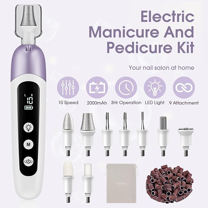Professional Manicure Pedicure Kit with Case, Cordless Electric Nail File Set with Memory Mode&10 Speed, Portable Nail Drill Pedicure Tools for feet, Hand Foot Care Tool for Thick Nail Toenail Cuticle