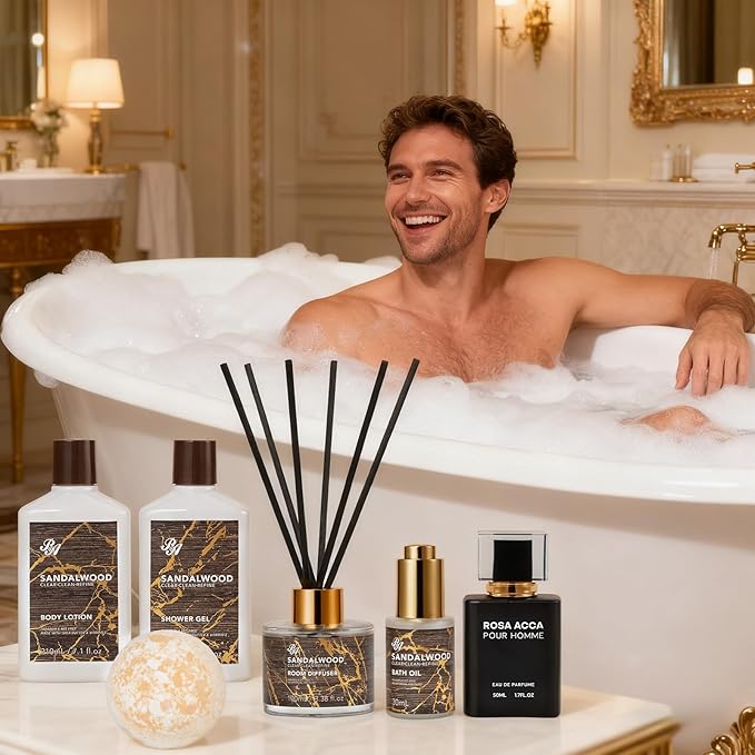 36 Pcs Christmas Gifts For Men, Sandalwood Bath & Body Gift Basket, Beard Grooming Set, Face Skin Care Kit, Men Home Spa Gift, Bath Bomb, Bear Oil, Birthday, Valentines, Father's Day, Dad, Anniversary