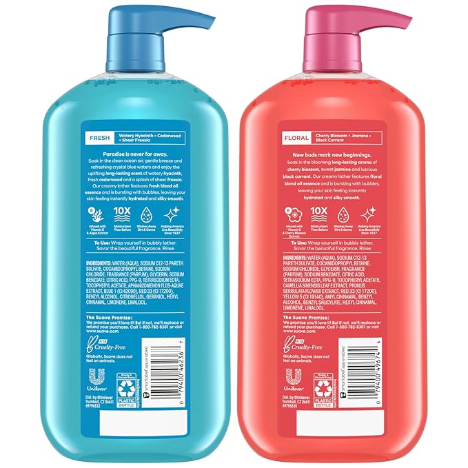 Suave Body Wash Variety Bundle – Ocean Breeze 2-Pack & Wild Cherry Blossom, Gentle & Moisturizing Body Washes with Vitamin E, 30 Oz Ea (3 Piece Set)