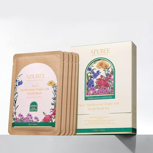 Apuree Anti Aging Hand Mask Gloves: 10-Minute Repair& Extra Moisture (5 * 30g)| for Severely Dry & Cracked Hands | Luxury Home SPA & 7 Peptides Collagen| All Skin Types| Vegan & Cruelty Free