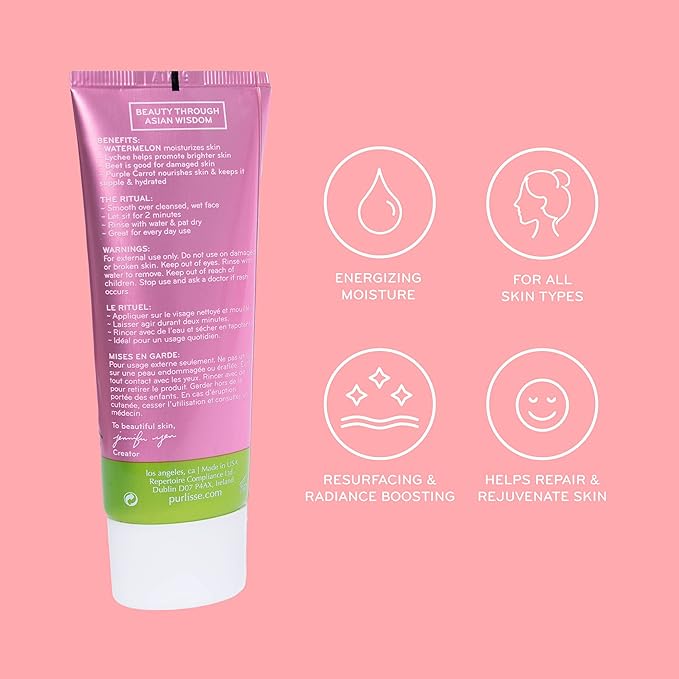 pürlisse Watermelon Energizing Face Peel & Exfoliator - 2-Minute Polishing Facial Peel - Gentle Exfoliating Face Polish with Glycolic Acid and Lychee - Boosts Radiance & Smooths Skin (2.5 oz)