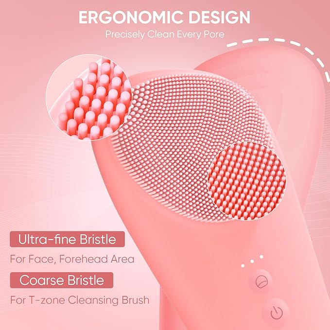 Silicone Face Scrubber Blackhead Scraper Rechargeable 2-in-1 Facial Cleansing Brush & Skin Spatula Duo, IPX7 Waterproof Exfoliating Massager Deep Cleansing for Women and Men（Peachy Pink）
