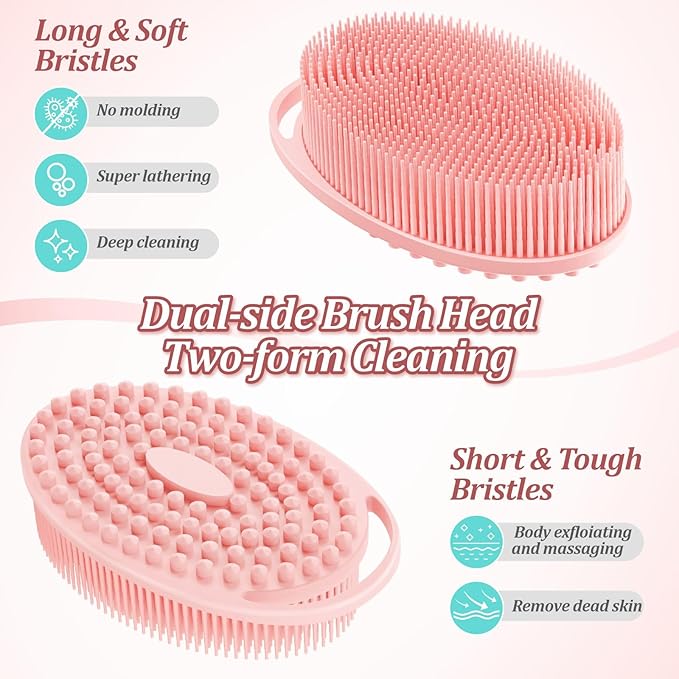 Silicone Back Body Face Scrubbers Set 4PCS, 15.35’’ Back Scrubber Soft Body Scrubber for Dual-Side Usage, Easy-to-Hold Soft Bath Glove & Face Scrubber for Good Foaming Deep Cleaning(Pink)