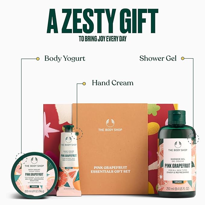 The Body Shop Pink Grapefruit Essentials Gift Set - 3 Piece Set, Includes Body Yogurt, Hand Cream, Shower Gel, Vegan