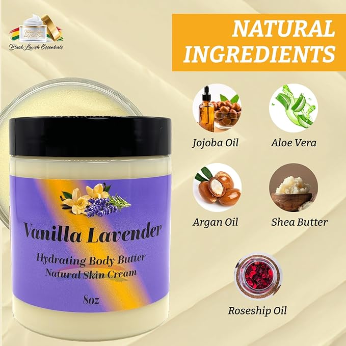 Ultra-Soft Shea Body Butter, Dry Skin Cream for Radiant Moisturized Skin, Natural Hydrating Body Lotion with Aloe Vera, Argan Oil, Rosehip Oil, (Vanilla Lavender, 8oz)