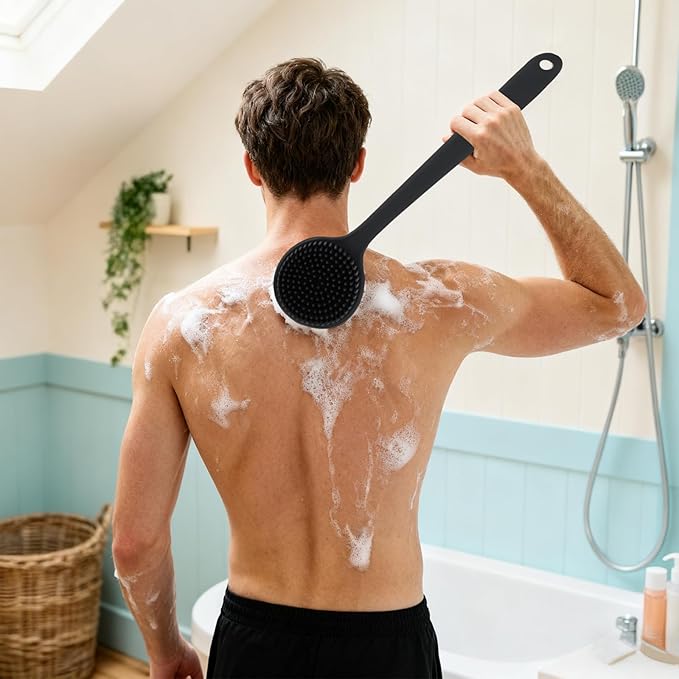 Silicone Back Scrubber for Shower, Double Sided Shower Brush for Shower Exfoliating and Massage Can Produce Rich Foam, 15-inch Men's Long Handle Body Brush, Long Lasting Bath & Shower Accessories